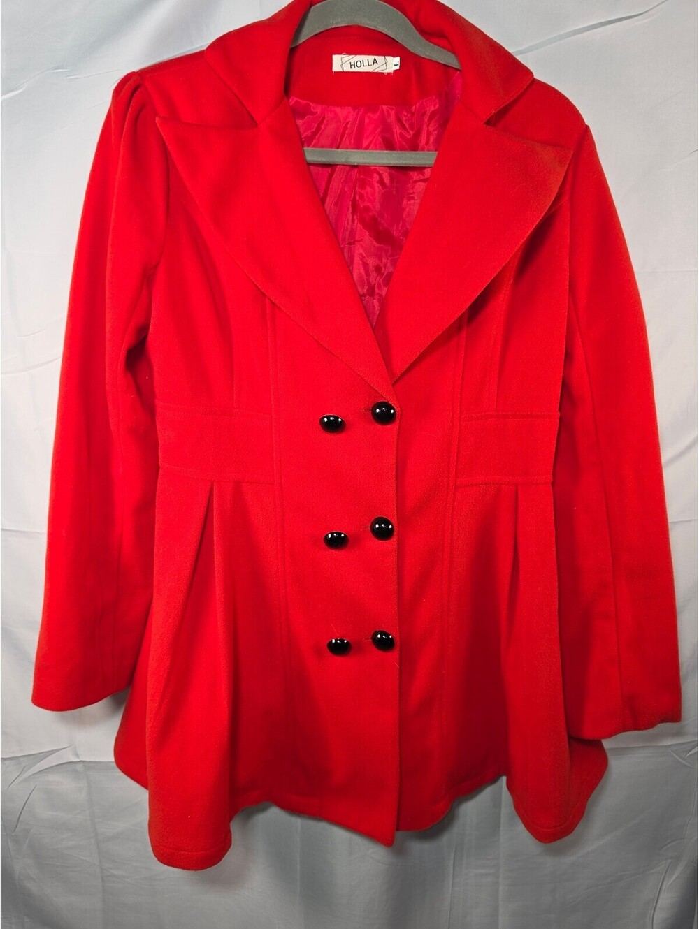 Holla Women's L Red Peplum Coat Double Breasted Black Buttons Flare Jacket